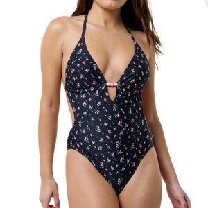 No Boundaries Women’s Wild Flower Plunging Keyhole 1-Piece Swimsuit Size M 8-10